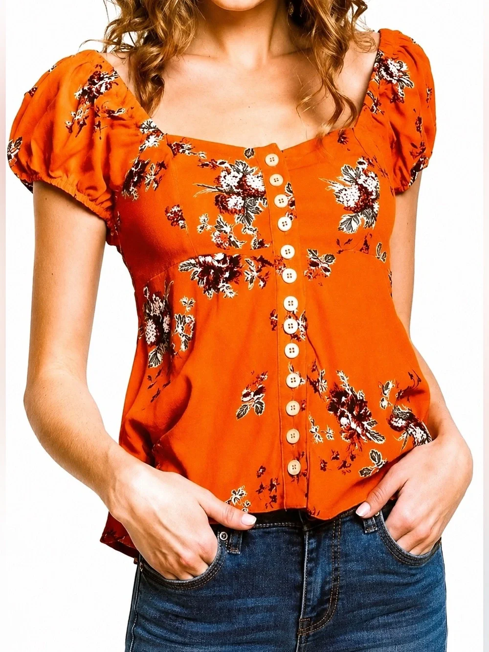 FREE PEOPLE Close To You Floral Puff Sleeve Top Orange XS Boho Cottagecore